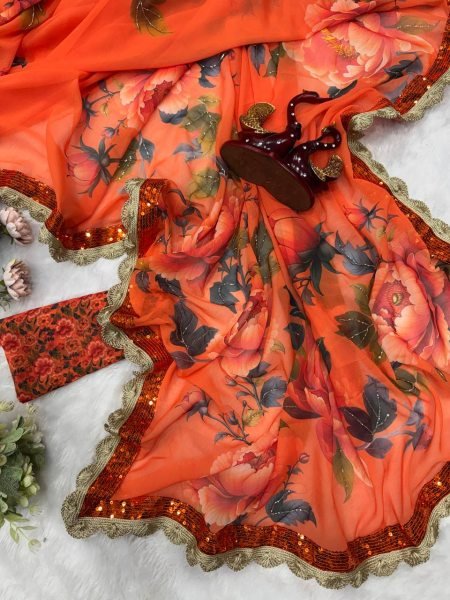 Madhuri Dixit Inspired Orange Floral Georgette Saree with Handcrafted Border Printed Kurtis