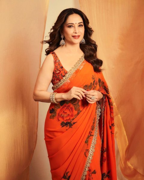 Madhuri Dixit Inspired Orange Floral Georgette Saree with Handcrafted Border Printed Kurtis