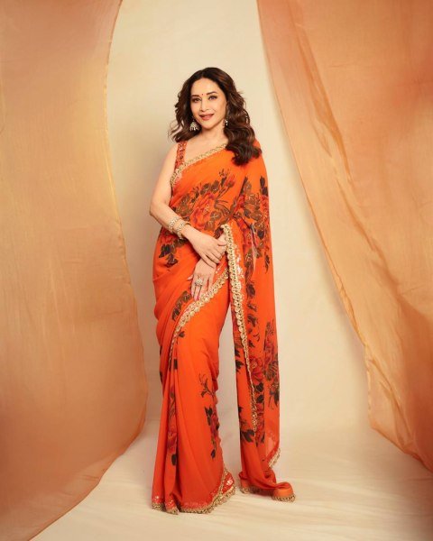 Madhuri Dixit Inspired Orange Floral Georgette Saree with Handcrafted Border Printed Kurtis
