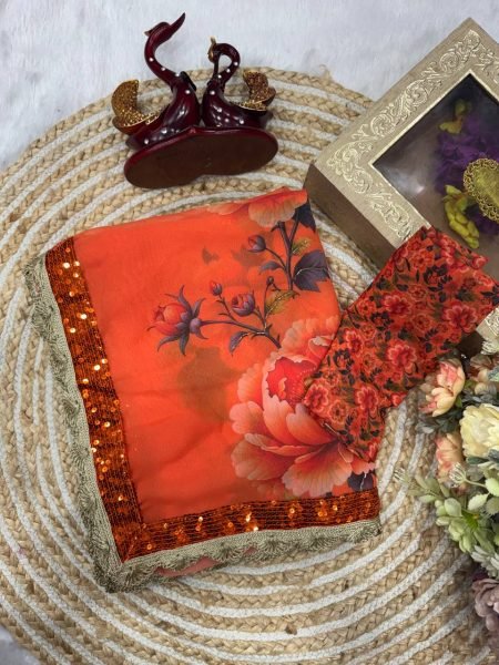 Madhuri Dixit Inspired Orange Floral Georgette Saree with Handcrafted Border Printed Kurtis