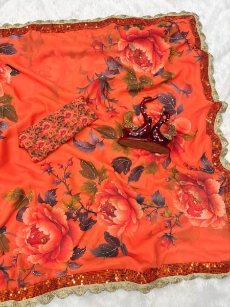 Madhuri Dixit Inspired Orange Floral Georgette Saree with Handcrafted Border Printed Kurtis