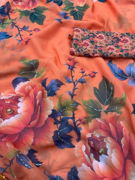 Madhuri Dixit Inspired Orange Floral Georgette Saree with Handcrafted Border Printed Kurtis