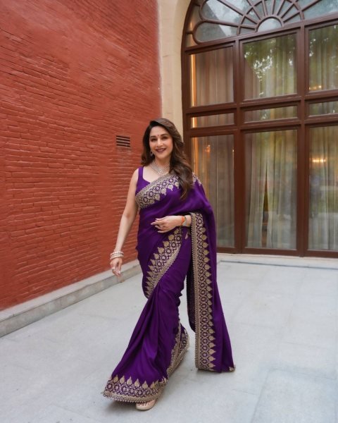 Madhuri Dixit Wearing Rangoli Silk Saree with Sequence Zari Embroidery Bollywood Fancy Sarees Wholesale