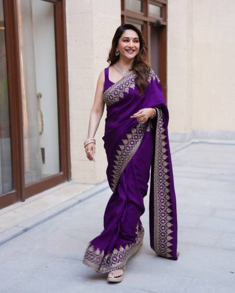 Madhuri Dixit Wearing Rangoli Silk Saree with Sequence Zari Embroidery Bollywood Fancy Sarees Wholesale
