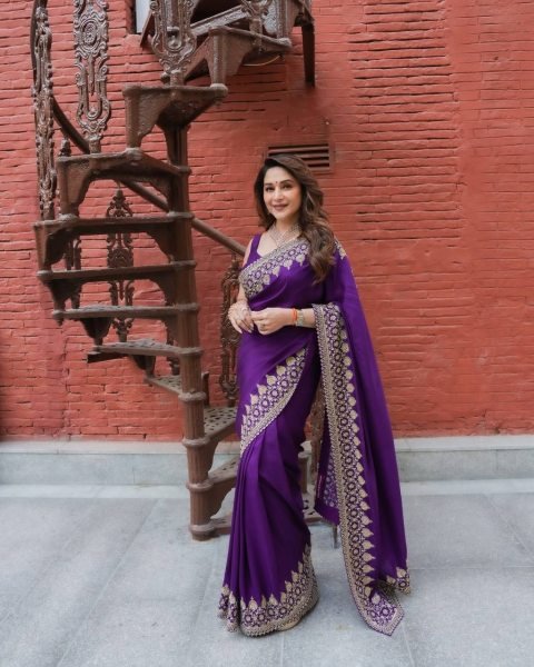 Madhuri Dixit Wearing Rangoli Silk Saree with Sequence Zari Embroidery Bollywood Fancy Sarees Wholesale
