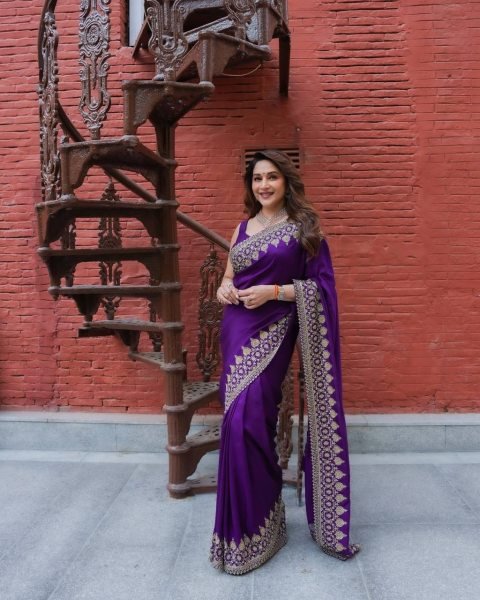 Madhuri Dixit Wearing Rangoli Silk Saree with Sequence Zari Embroidery Bollywood Fancy Sarees Wholesale