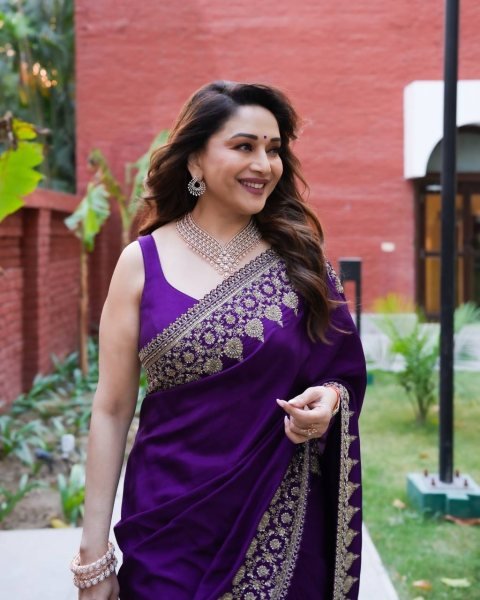 Madhuri Dixit Wearing Rangoli Silk Saree with Sequence Zari Embroidery Bollywood Fancy Sarees Wholesale