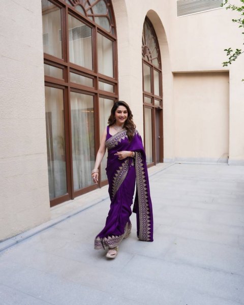 Madhuri Dixit Wearing Rangoli Silk Saree with Sequence Zari Embroidery Bollywood Fancy Sarees Wholesale