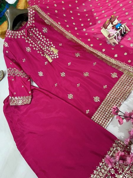 Perfect for Wedding Guests & Parties Designer Embroidered Chinon Suit Set in Magenta Ready To Wear Collection