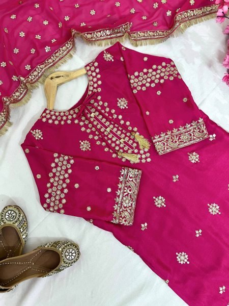 Perfect for Wedding Guests & Parties Designer Embroidered Chinon Suit Set in Magenta Ready To Wear Collection