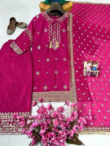 Perfect for Wedding Guests & Parties Designer Embroidered Chinon Suit Set in Magenta Ready To Wear Collection