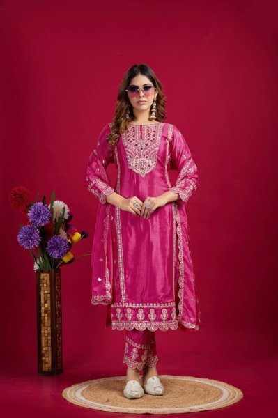 Magenta Chinon Silk Salwar Suit with Heavy Embroidery & Mirror Work At Wholesale Rate Ready To Wear Collection