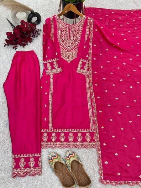 Magenta Chinon Silk Salwar Suit with Heavy Embroidery & Mirror Work At Wholesale Rate Ready To Wear Collection