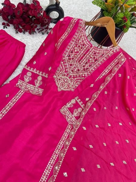 Magenta Chinon Silk Salwar Suit with Heavy Embroidery & Mirror Work At Wholesale Rate Ready To Wear Collection