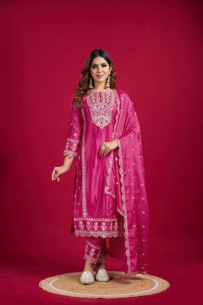 Magenta Chinon Silk Salwar Suit with Heavy Embroidery & Mirror Work At Wholesale Rate Ready To Wear Collection