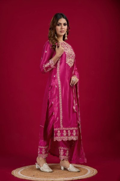 Magenta Chinon Silk Salwar Suit with Heavy Embroidery & Mirror Work At Wholesale Rate Ready To Wear Collection
