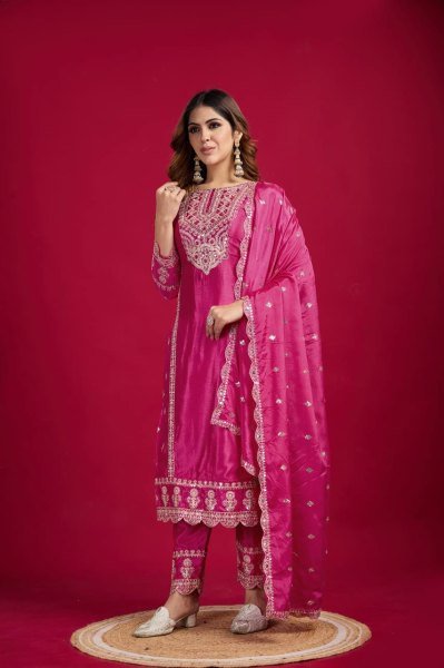 Magenta Chinon Silk Salwar Suit with Heavy Embroidery & Mirror Work At Wholesale Rate Ready To Wear Collection