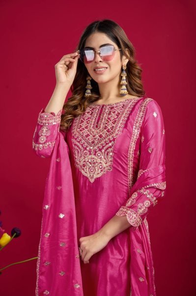 Magenta Chinon Silk Salwar Suit with Heavy Embroidery & Mirror Work At Wholesale Rate Ready To Wear Collection