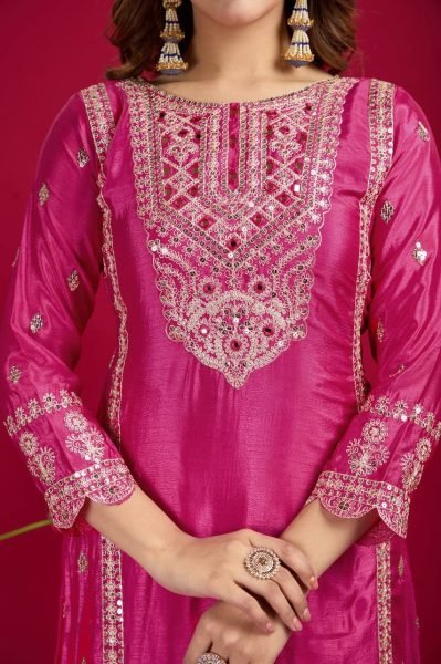 Magenta Chinon Silk Salwar Suit with Heavy Embroidery & Mirror Work At Wholesale Rate Ready To Wear Collection