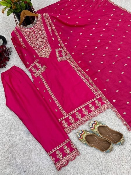 Magenta Chinon Silk Salwar Suit with Heavy Embroidery & Mirror Work At Wholesale Rate Ready To Wear Collection