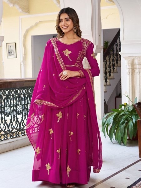 Magenta Embroidered Faux Georgette Anarkali Gown Set with Dupatta for Weddings Kurtis