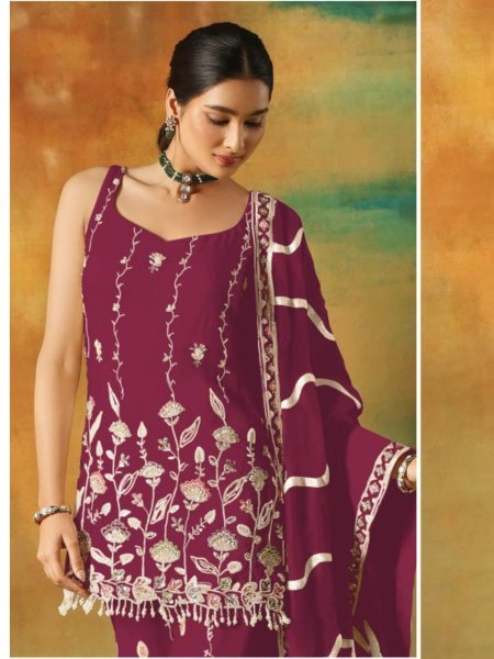 Magenta Faux Georgette Palazzo Suit with Fine Embroidery Perfect for Weddings Salwar Kameez