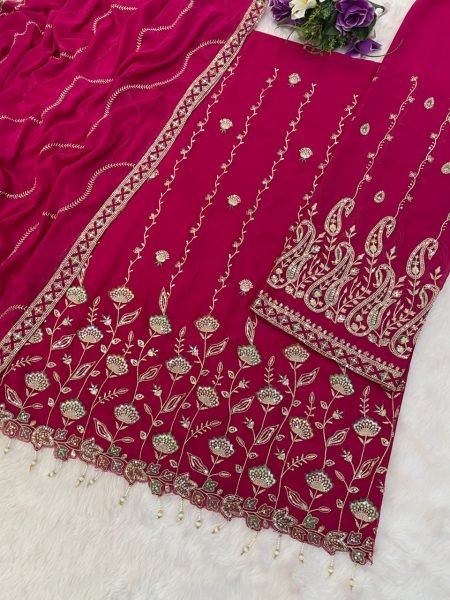 Magenta Faux Georgette Palazzo Suit with Fine Embroidery Perfect for Weddings Designer Plazzo Salwar Suits Wholesale