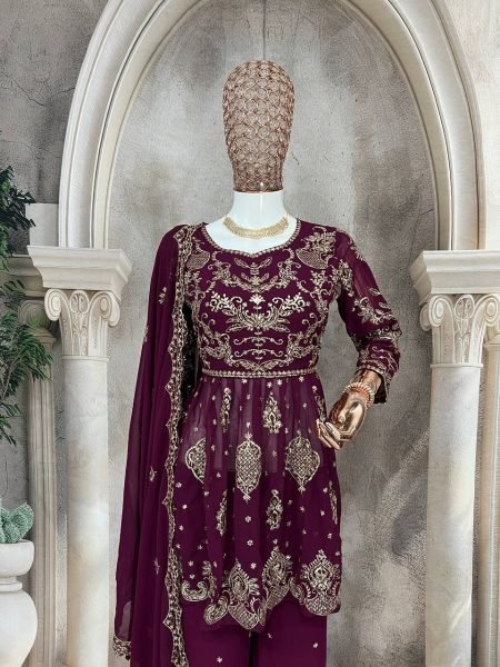 Magenta Georgette Palazzo Suit with Sequin Work Readymade Festive Set Ready To Wear Collection