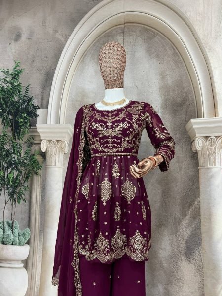 Magenta Georgette Palazzo Suit with Sequin Work Readymade Festive Set Ready To Wear Collection