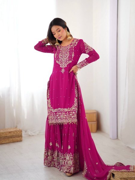 Magenta Faux Georgette Sharara Set with Heavy Embroidery and Dupatta Festive Special Ready To Wear Collection