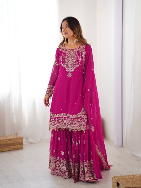 Magenta Faux Georgette Sharara Set with Heavy Embroidery and Dupatta Festive Special Ready To Wear Collection