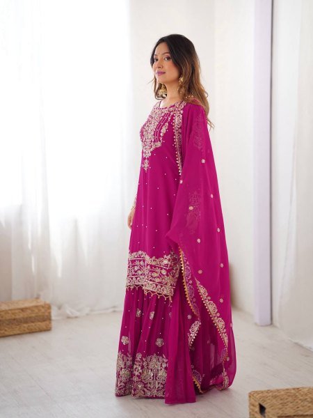 Magenta Faux Georgette Sharara Set with Heavy Embroidery and Dupatta Festive Special Ready To Wear Collection