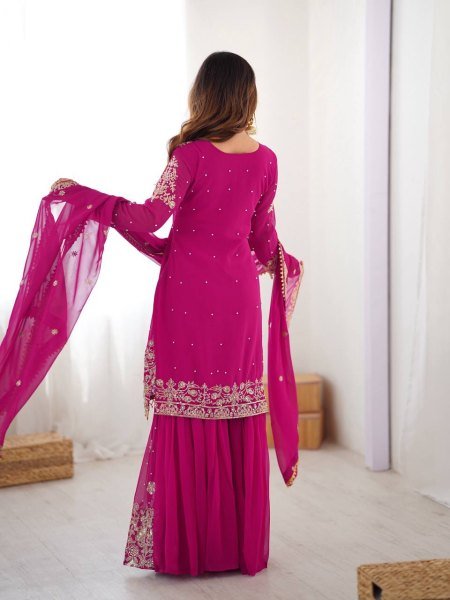 Magenta Faux Georgette Sharara Set with Heavy Embroidery and Dupatta Festive Special Ready To Wear Collection