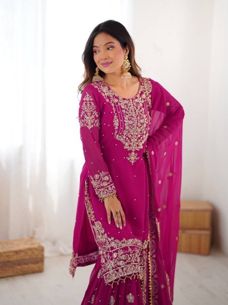 Magenta Faux Georgette Sharara Set with Heavy Embroidery and Dupatta Festive Special Ready To Wear Collection