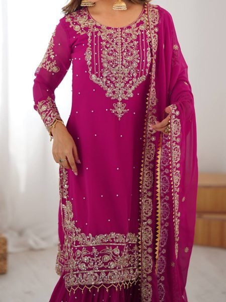 Magenta Faux Georgette Sharara Set with Heavy Embroidery and Dupatta Festive Special Ready To Wear Collection