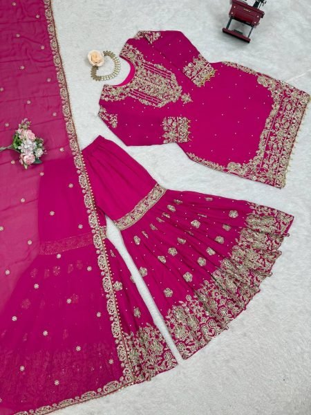 Magenta Faux Georgette Sharara Set with Heavy Embroidery and Dupatta Festive Special Ready To Wear Collection