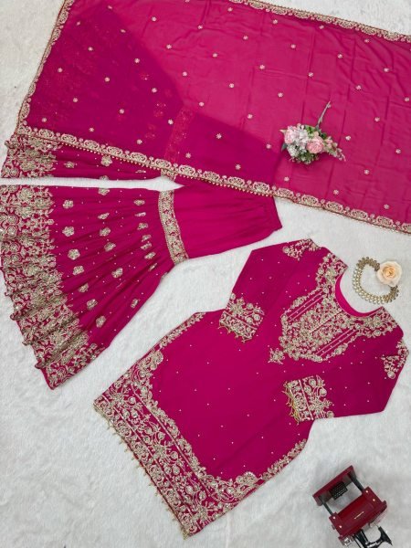 Magenta Faux Georgette Sharara Set with Heavy Embroidery and Dupatta Festive Special Ready To Wear Collection