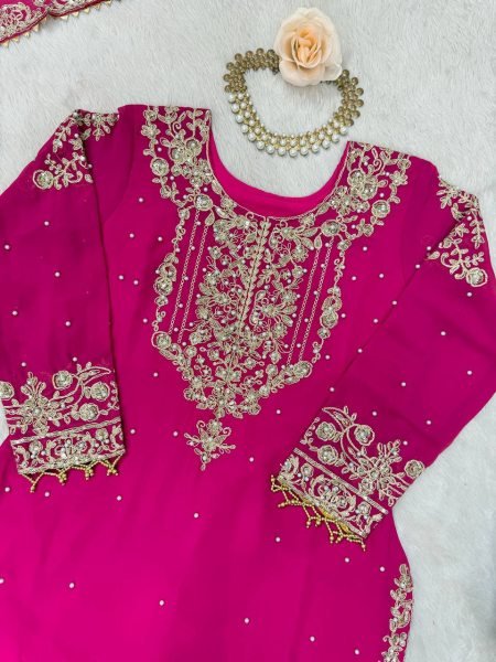Magenta Faux Georgette Sharara Set with Heavy Embroidery and Dupatta Festive Special Ready To Wear Collection