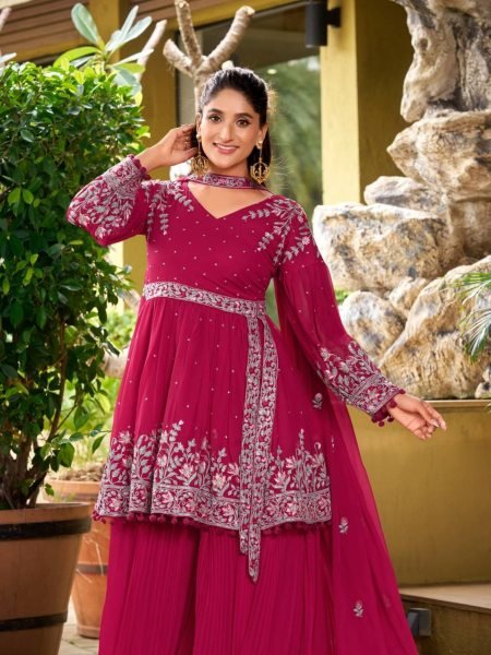 Magenta Georgette Palazzo Set with Heavy Embroidery Work and Dupatta At Wholesale Rate Ready To Wear Suit