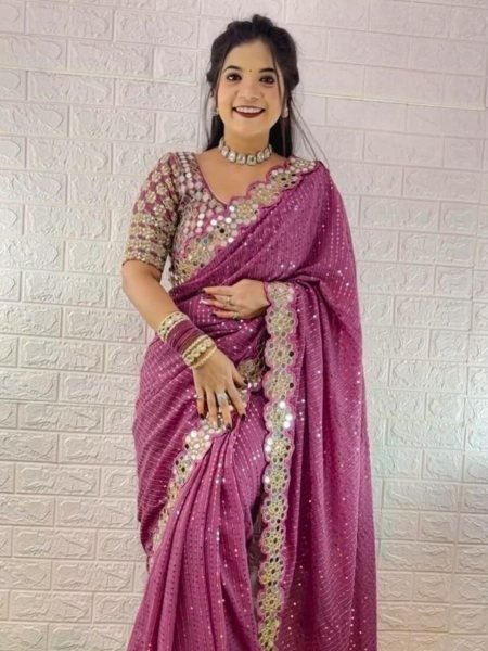 Magenta Georgette Saree with Sequins and Mirror Work Blouse Celebration Wear Special Sarees 