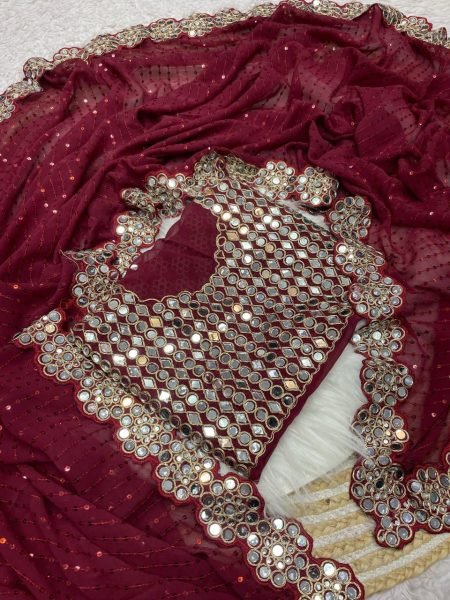 Magenta Georgette Saree with Sequins and Mirror Work Blouse Celebration Wear Special Georgette Sarees Wholesale