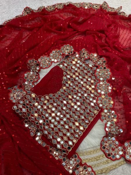 Magenta Georgette Saree with Sequins and Mirror Work Blouse Celebration Wear Special Georgette Sarees Wholesale