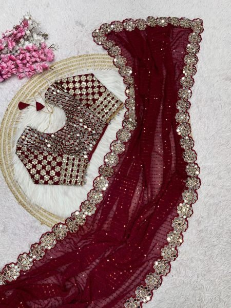 Magenta Georgette Saree with Sequins and Mirror Work Blouse Celebration Wear Special Georgette Sarees Wholesale