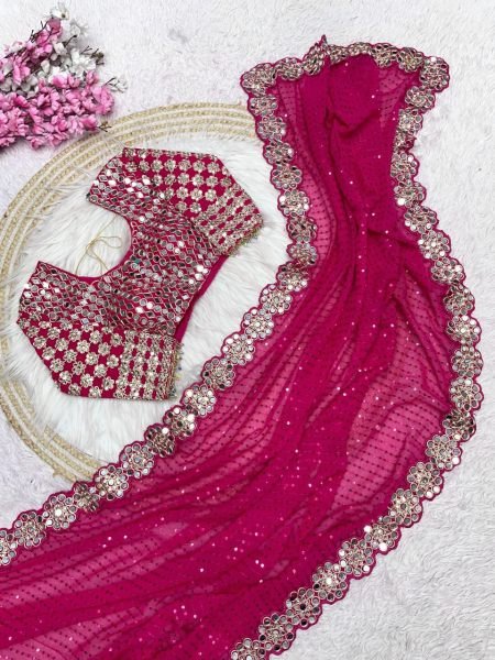 Magenta Georgette Saree with Sequins and Mirror Work Blouse Celebration Wear Special Georgette Sarees Wholesale
