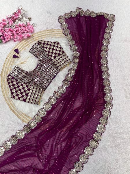 Magenta Georgette Saree with Sequins and Mirror Work Blouse Celebration Wear Special Georgette Sarees Wholesale