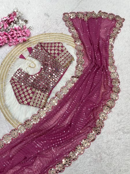 Magenta Georgette Saree with Sequins and Mirror Work Blouse Celebration Wear Special Georgette Sarees Wholesale