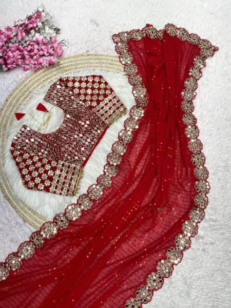 Magenta Georgette Saree with Sequins and Mirror Work Blouse Celebration Wear Special Georgette Sarees Wholesale