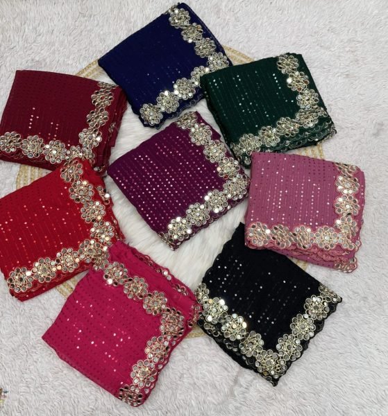 Magenta Georgette Saree with Sequins and Mirror Work Blouse Celebration Wear Special Georgette Sarees Wholesale