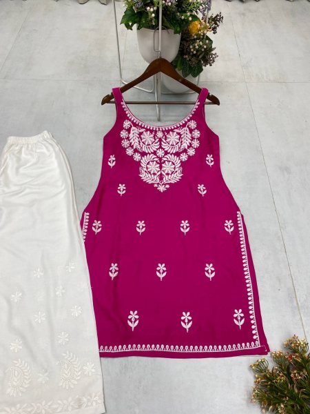 Magenta Pink Chikankari Kurti Set with White Palazzo Vibrant Look for Elegant Days Lucknowi Chikankari Kurtis Wholesale