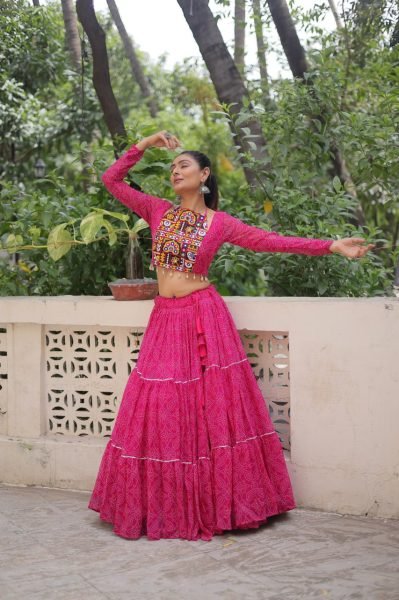 Magenta Pink Lehenga Bandhani Style with Embroidered Blouse Designer Navratri Wear  Navratri Collection